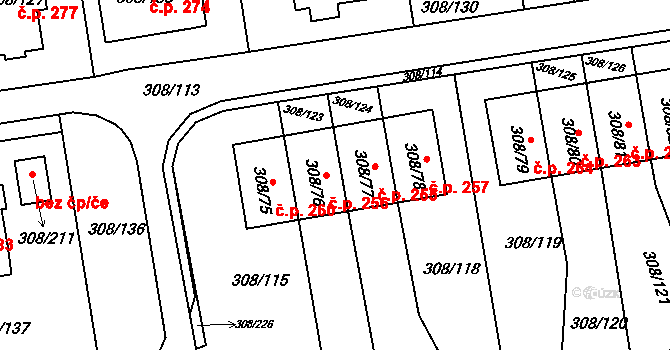 Radonice 256 na parcele st. 308/76 v KÚ Radonice u Kadaně, Katastrální mapa