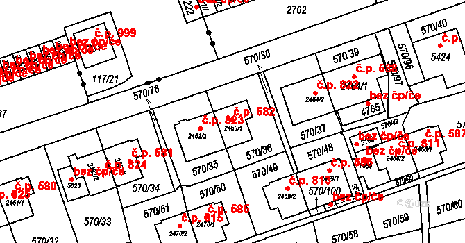 Borovina 582, Třebíč na parcele st. 2463/1 v KÚ Třebíč, Katastrální mapa