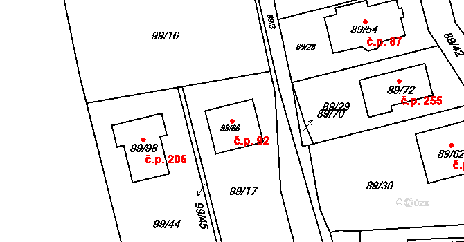 Útěchov 92, Brno na parcele st. 99/66 v KÚ Útěchov u Brna, Katastrální mapa
