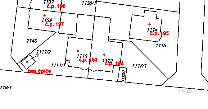 Střešovice 184, Praha na parcele st. 1112 v KÚ Střešovice, Katastrální mapa