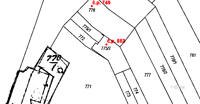 Mutěnice 552 na parcele st. 775/2 v KÚ Mutěnice, Katastrální mapa
