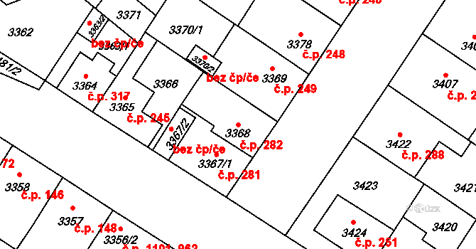 Božkov 282, Plzeň na parcele st. 3368 v KÚ Plzeň, Katastrální mapa