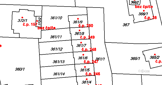 Hradiště 248, Plzeň na parcele st. 361/7 v KÚ Hradiště u Plzně, Katastrální mapa