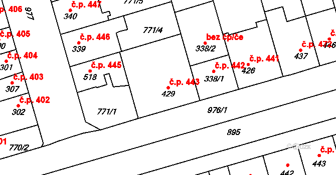 Vrahovice 443, Prostějov na parcele st. 429 v KÚ Vrahovice, Katastrální mapa