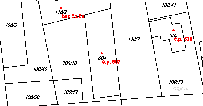 Rudná 967 na parcele st. 604 v KÚ Dušníky u Rudné, Katastrální mapa