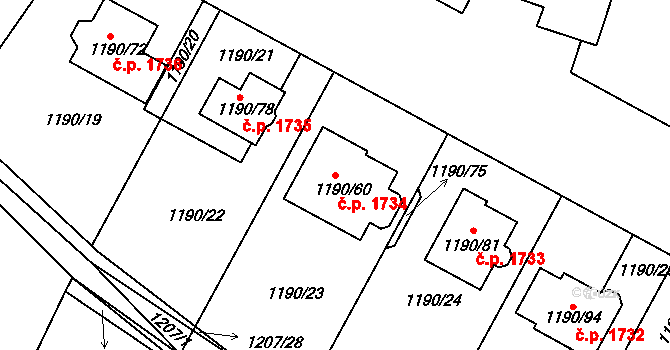 Hostivice 1734 na parcele st. 1190/60 v KÚ Hostivice, Katastrální mapa