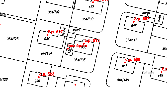 Nučice 513 na parcele st. 935 v KÚ Nučice u Rudné, Katastrální mapa