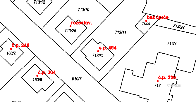 Milovice 494 na parcele st. 713/31 v KÚ Milovice nad Labem, Katastrální mapa