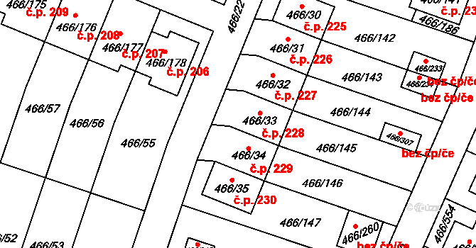Rebešovice 228 na parcele st. 466/33 v KÚ Rebešovice, Katastrální mapa