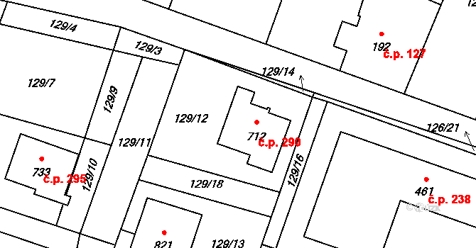 Chocerady 290 na parcele st. 712 v KÚ Chocerady, Katastrální mapa