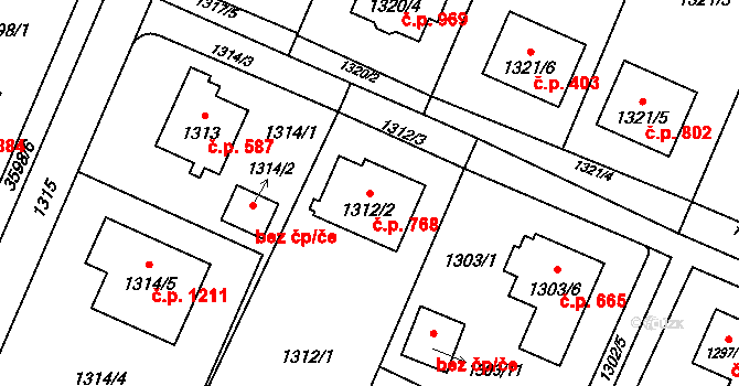 Stará Bělá 768, Ostrava na parcele st. 1312/2 v KÚ Stará Bělá, Katastrální mapa