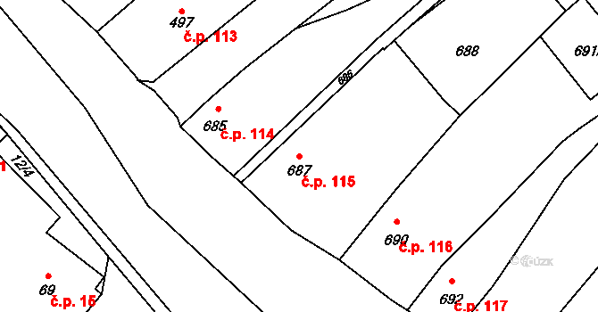 Měřín 115 na parcele st. 687 v KÚ Měřín, Katastrální mapa