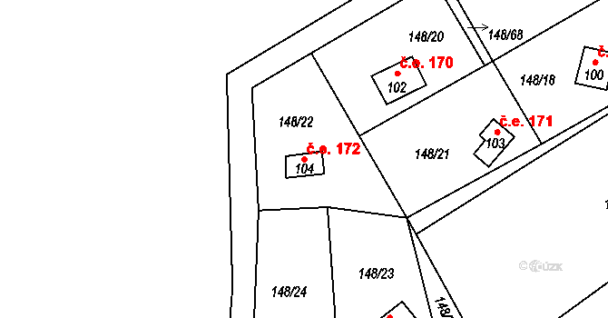 Mechová 172, Lipová na parcele st. 104 v KÚ Mechová, Katastrální mapa