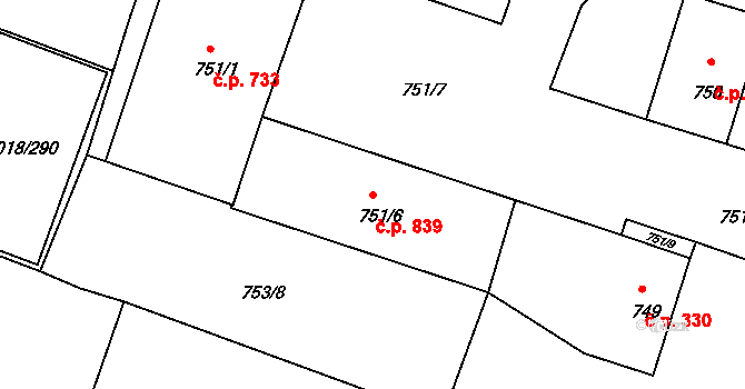 Krásné Pole 839, Ostrava na parcele st. 751/6 v KÚ Krásné Pole, Katastrální mapa