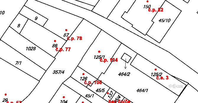 Mysločovice 104 na parcele st. 125/1 v KÚ Mysločovice, Katastrální mapa