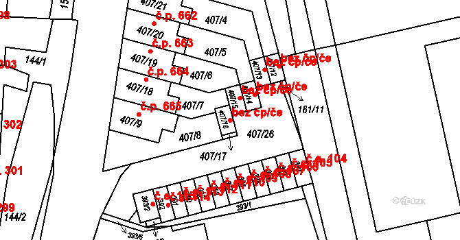 Kunovice 40637883 na parcele st. 407/16 v KÚ Kunovice u Uherského Hradiště, Katastrální mapa