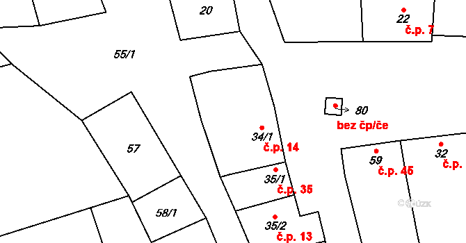 Boškůvky 14, Prusy-Boškůvky na parcele st. 34/1 v KÚ Boškůvky, Katastrální mapa