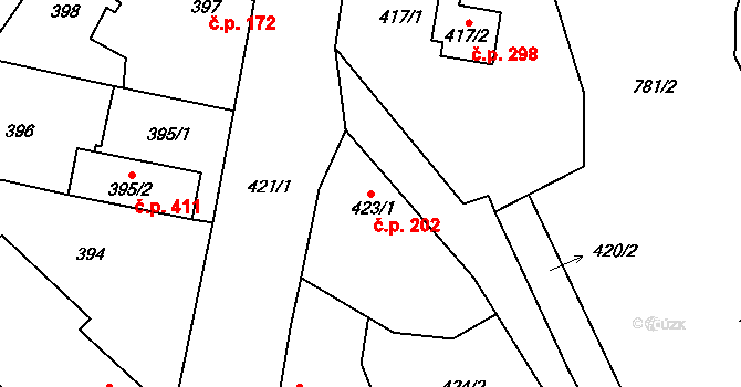 Chotíkov 202 na parcele st. 423/1 v KÚ Chotíkov, Katastrální mapa