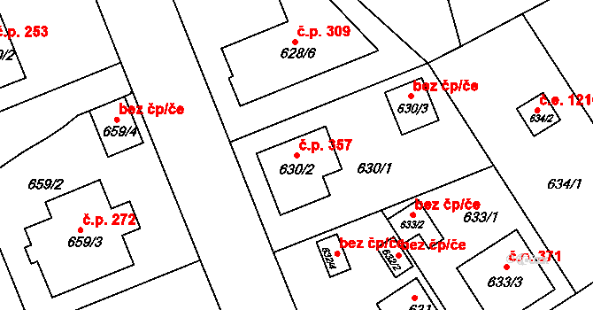 Radobyčice 357, Plzeň na parcele st. 630/2 v KÚ Radobyčice, Katastrální mapa
