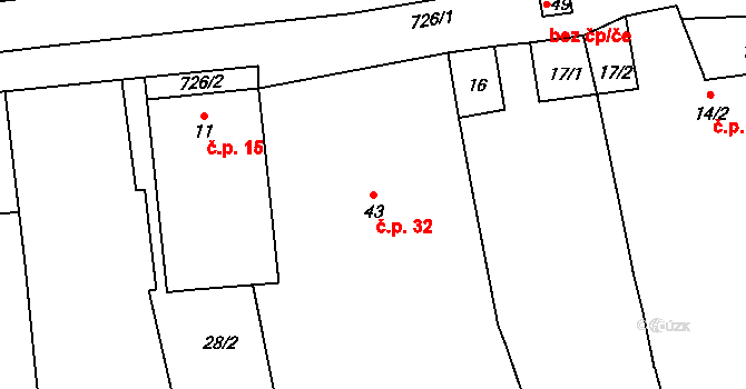 Malinová 32 na parcele st. 43 v KÚ Malinová, Katastrální mapa