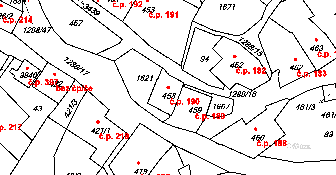 Plešivec 190, Český Krumlov na parcele st. 458 v KÚ Český Krumlov, Katastrální mapa