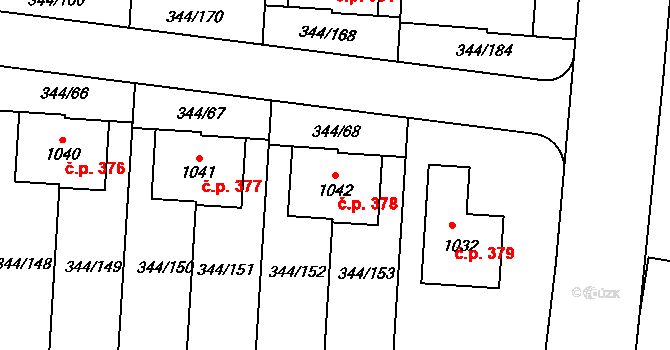 Bašť 378 na parcele st. 1042 v KÚ Bašť, Katastrální mapa