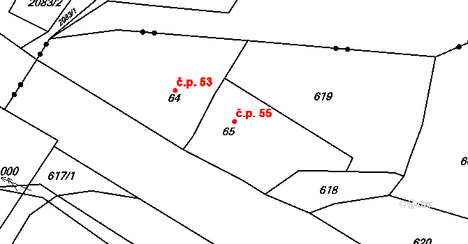 Ležky 55, Lubenec na parcele st. 65 v KÚ Ležky, Katastrální mapa