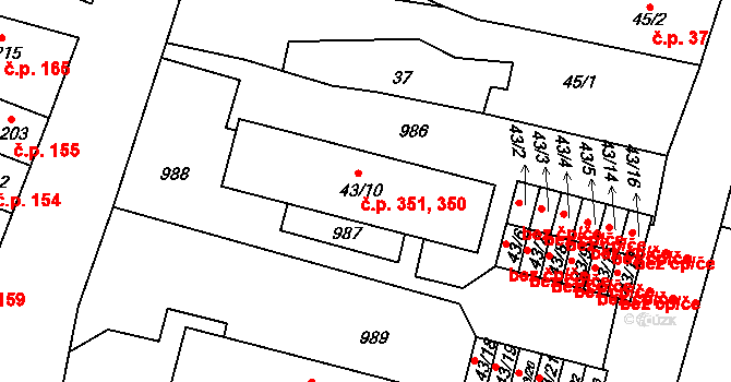Peruc 350,351 na parcele st. 43/10 v KÚ Peruc, Katastrální mapa
