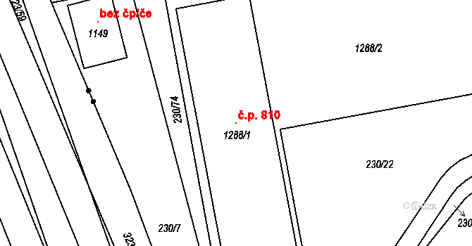 Prštné 810, Zlín na parcele st. 1288/1 v KÚ Prštné, Katastrální mapa
