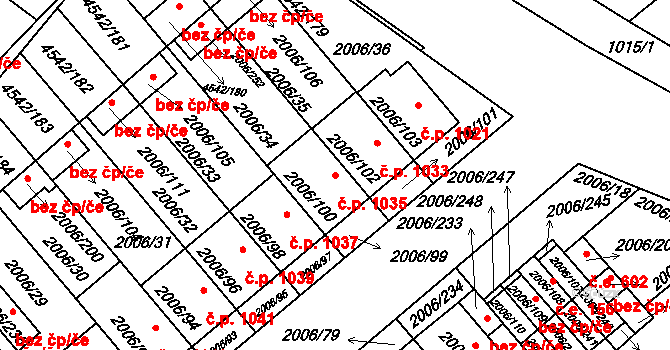 Hustopeče 1035 na parcele st. 2006/100 v KÚ Hustopeče u Brna, Katastrální mapa