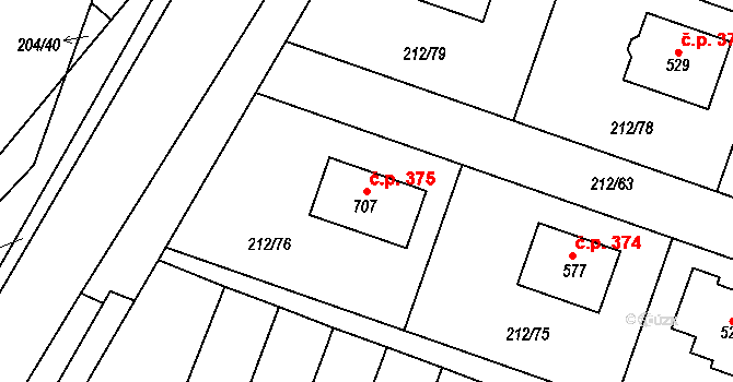 Všeruby 375 na parcele st. 707 v KÚ Všeruby u Plzně, Katastrální mapa