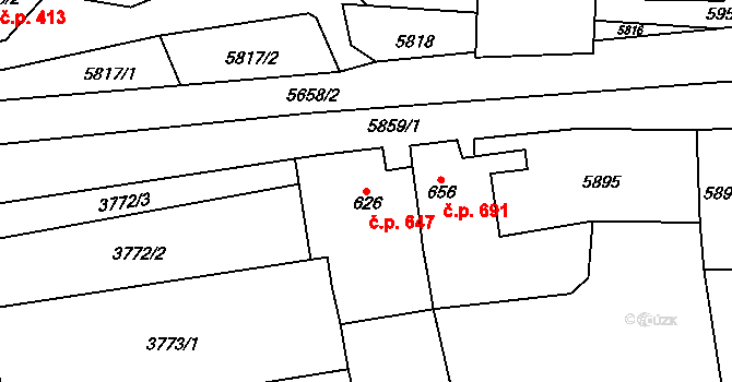 Hrušovany nad Jevišovkou 647 na parcele st. 626 v KÚ Hrušovany nad Jevišovkou, Katastrální mapa