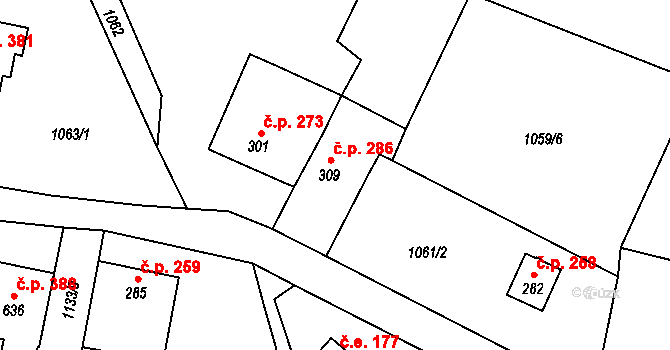 Vranov nad Dyjí 286 na parcele st. 309 v KÚ Vranov nad Dyjí, Katastrální mapa