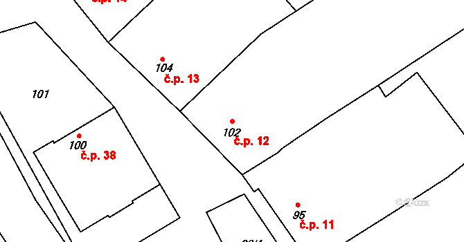 Radkovy 12 na parcele st. 102 v KÚ Radkovy, Katastrální mapa