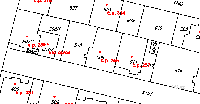 Čelákovice 256 na parcele st. 509 v KÚ Čelákovice, Katastrální mapa