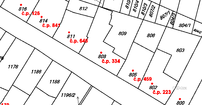 Ratíškovice 334 na parcele st. 808 v KÚ Ratíškovice, Katastrální mapa