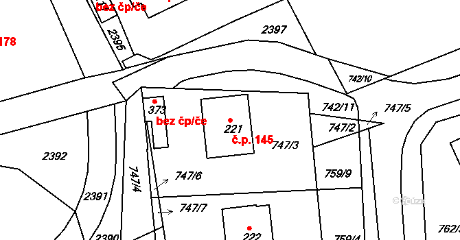Písečná 145 na parcele st. 221 v KÚ Písečná u Žamberka, Katastrální mapa