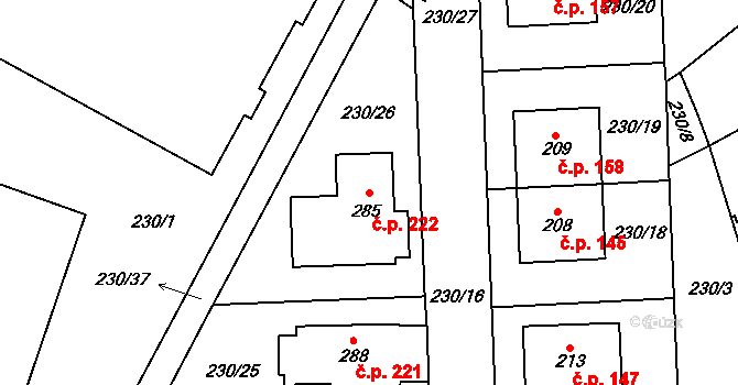 Kluk 222, Poděbrady na parcele st. 285 v KÚ Kluk, Katastrální mapa