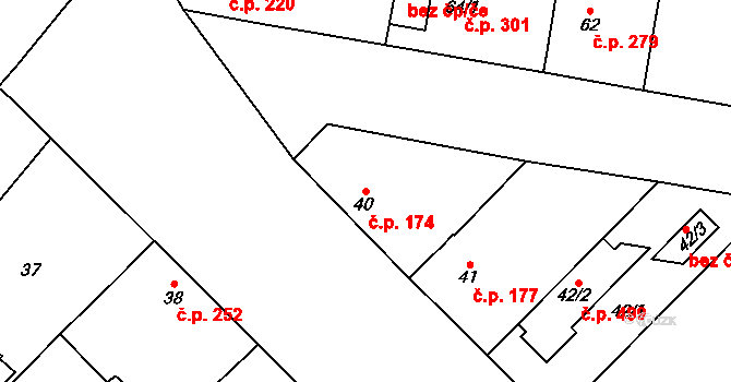 Milovice 174 na parcele st. 40 v KÚ Milovice nad Labem, Katastrální mapa