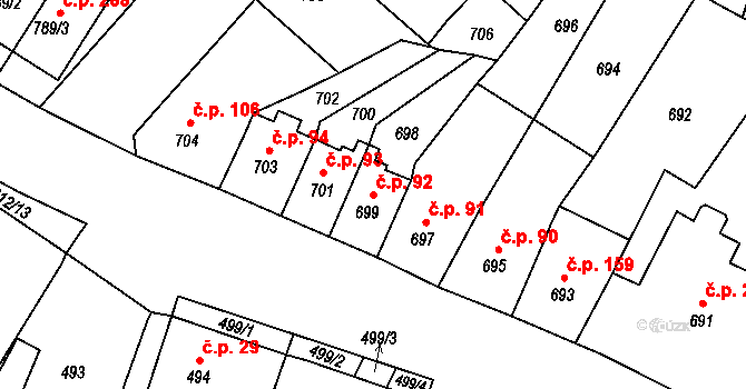 Bystřany 92 na parcele st. 699 v KÚ Bystřany, Katastrální mapa