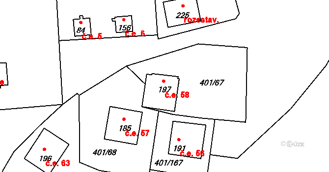 Nuzice 58, Týn nad Vltavou na parcele st. 197 v KÚ Nuzice, Katastrální mapa