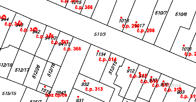 Nový Bydžov 314 na parcele st. 1134 v KÚ Nový Bydžov, Katastrální mapa