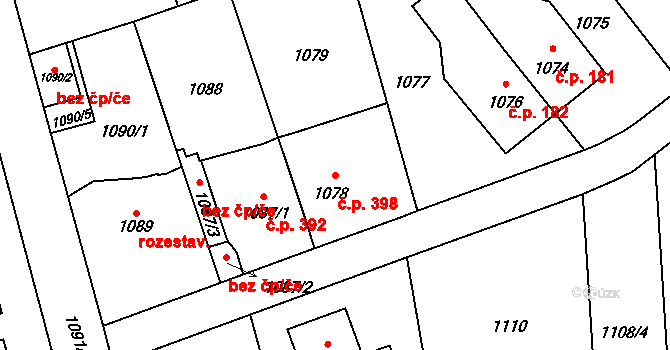 Vinoř 398, Praha na parcele st. 1078 v KÚ Vinoř, Katastrální mapa