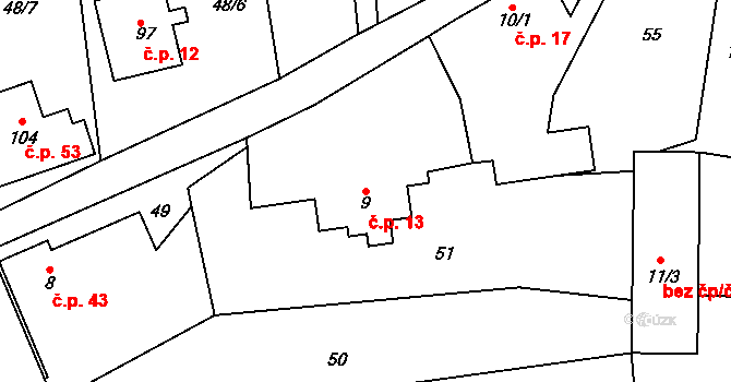 Horní Hbity 13, Jablonná na parcele st. 9 v KÚ Horní Hbity, Katastrální mapa