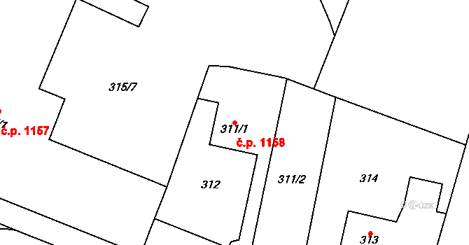 Podlesí 1158, Havířov na parcele st. 311/1 v KÚ Bludovice, Katastrální mapa