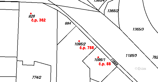 Valdické Předměstí 758, Jičín na parcele st. 1095/2 v KÚ Jičín, Katastrální mapa