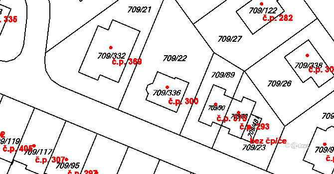 Popůvky 300 na parcele st. 709/336 v KÚ Popůvky u Brna, Katastrální mapa