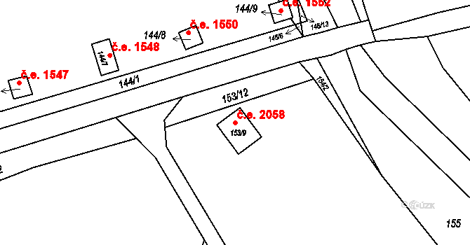 Červený Hrádek 2058, Jirkov na parcele st. 153/9 v KÚ Červený Hrádek u Jirkova, Katastrální mapa