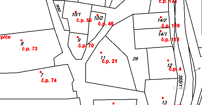 Hroubovice 21 na parcele st. 11 v KÚ Hroubovice, Katastrální mapa