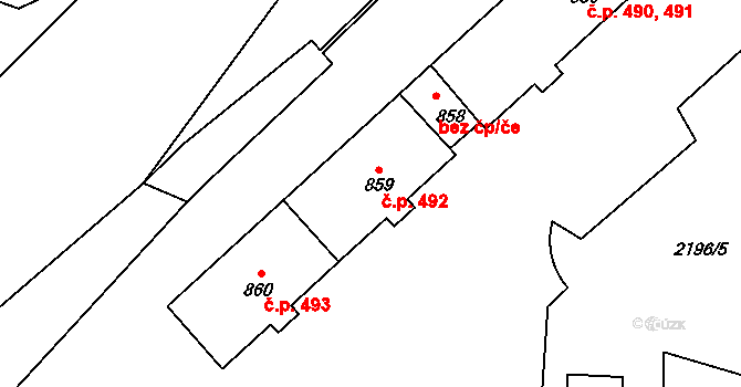 Hanušovice 492 na parcele st. 859 v KÚ Hanušovice, Katastrální mapa